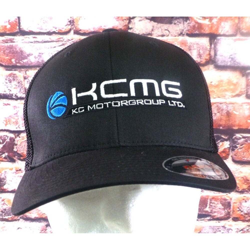 KCMG KC Motorgroup Flexfit Black Mesh Trucker Cap With RCR Logo‎